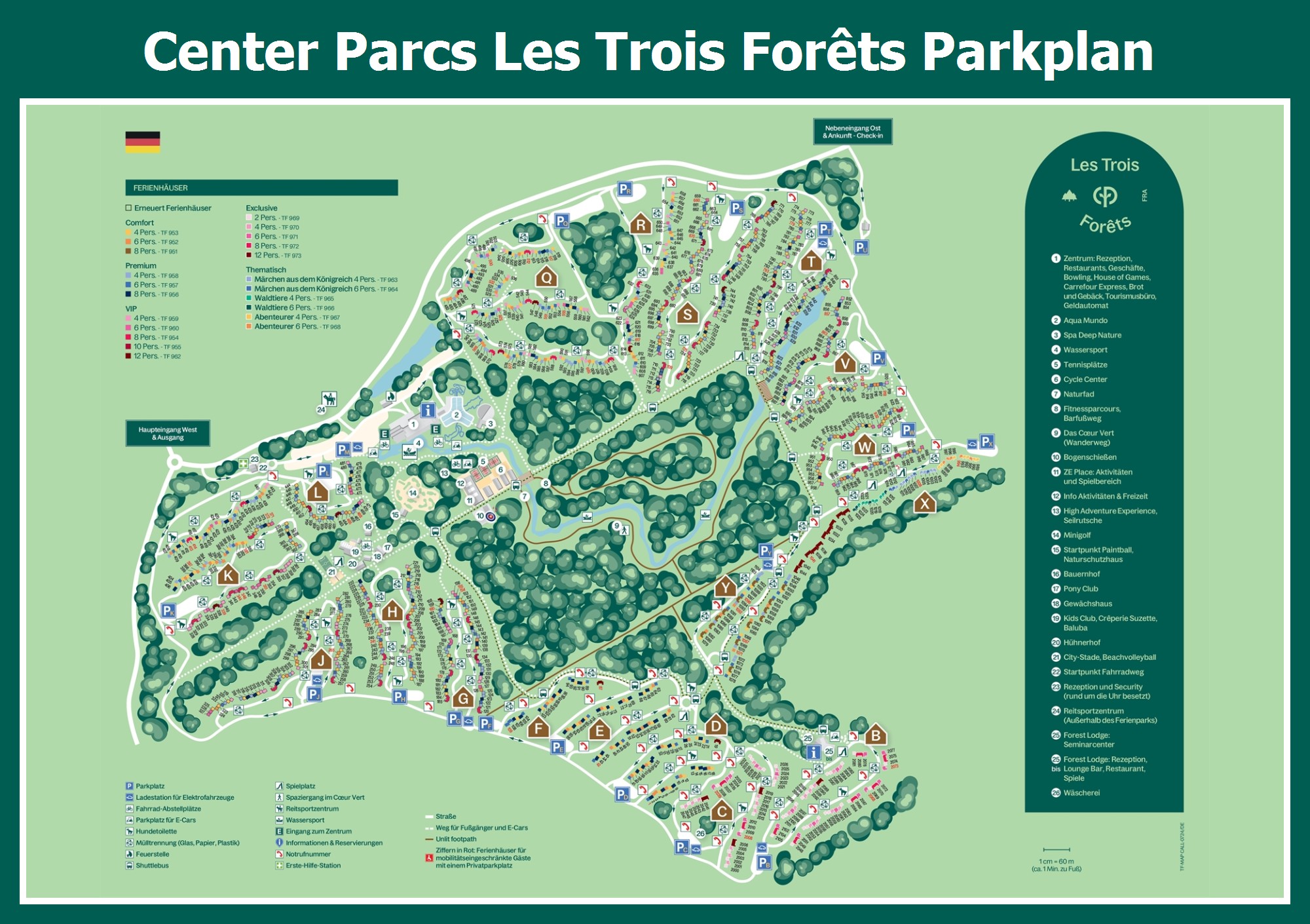 // Center Parcs Les Trois Forêts Karte mit allen Ferienhäusern und